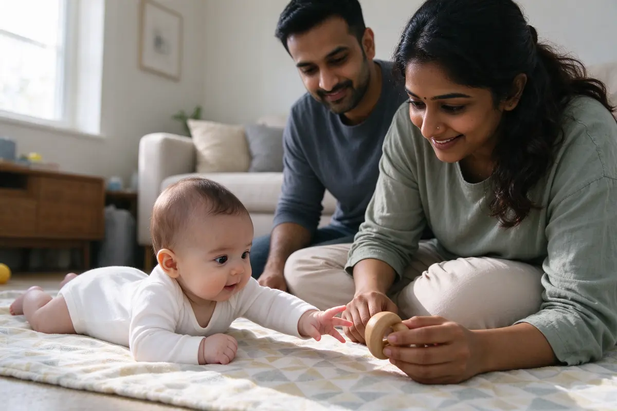 The baby on a floor blanket pushed up on forearms, reaching one open hand toward a rattle the mother holds just out of reach while the father kneels behind her.