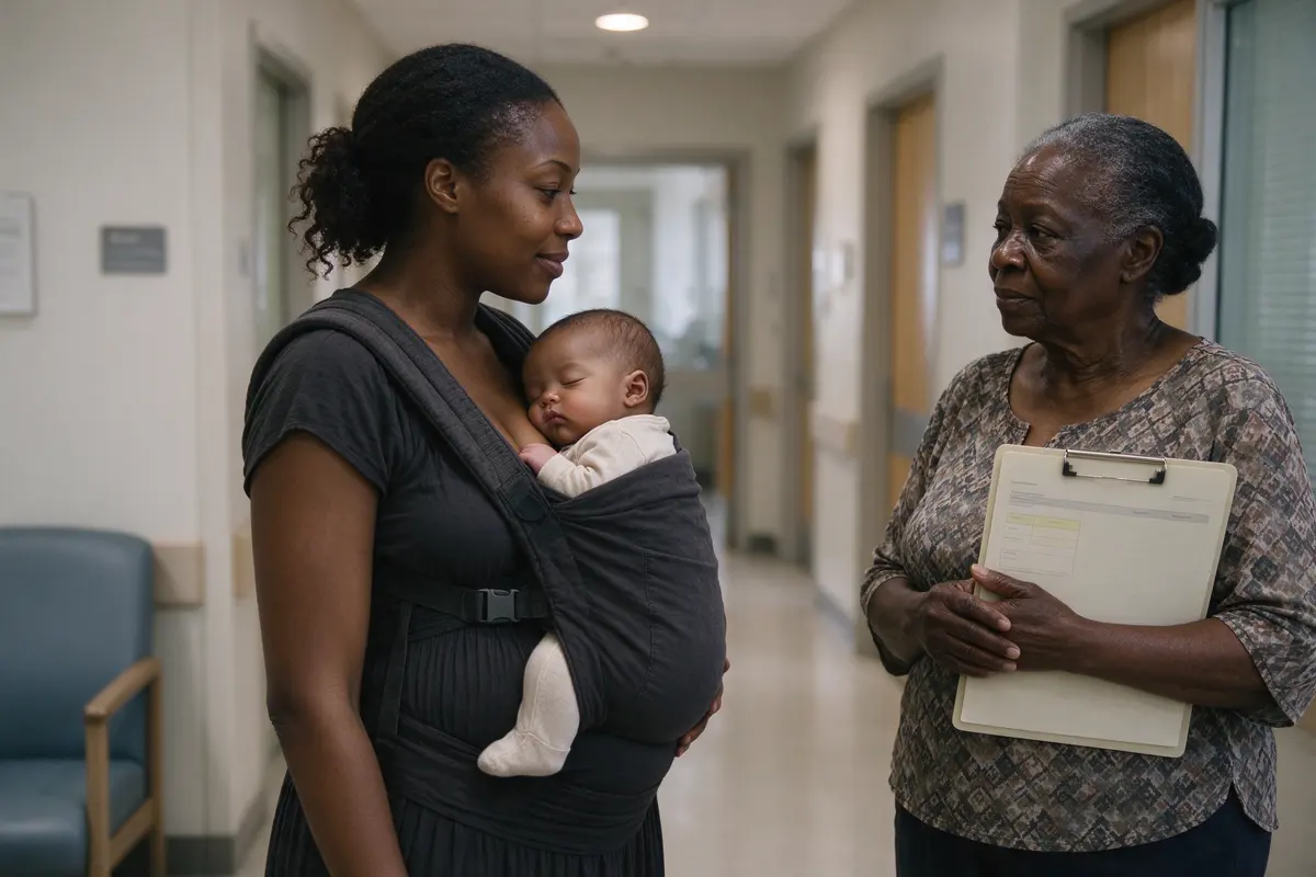 The mother in the clinic hallway afterward, baby asleep against her shoulder in a carrier, the grandmother holding a clipboard of paperwork and looking at her, not the forms.
