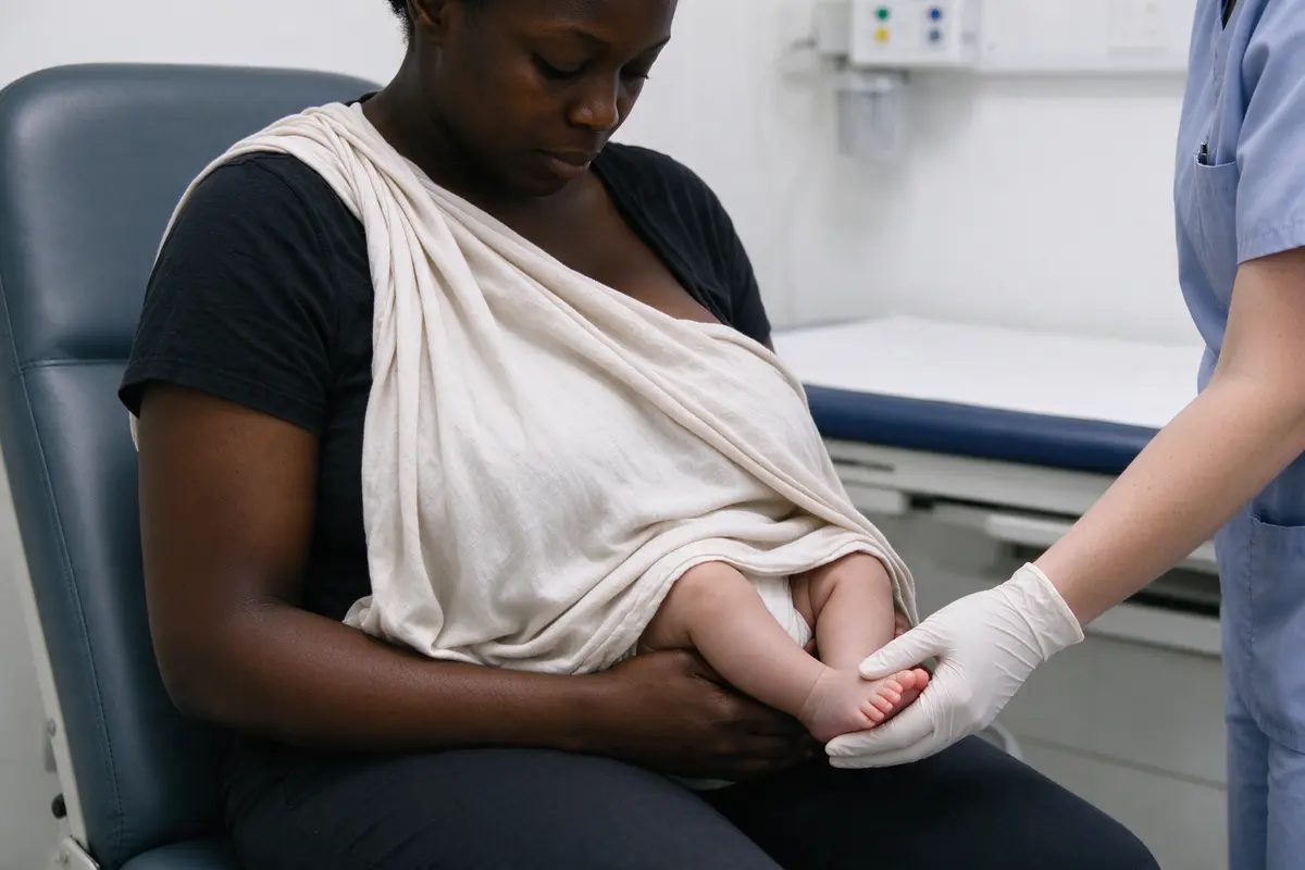 The mother breastfeeding the baby under a light nursing cover on the exam-room chair, her eyes on the baby's face, a nurse's gloved hand steadying the baby's thigh.