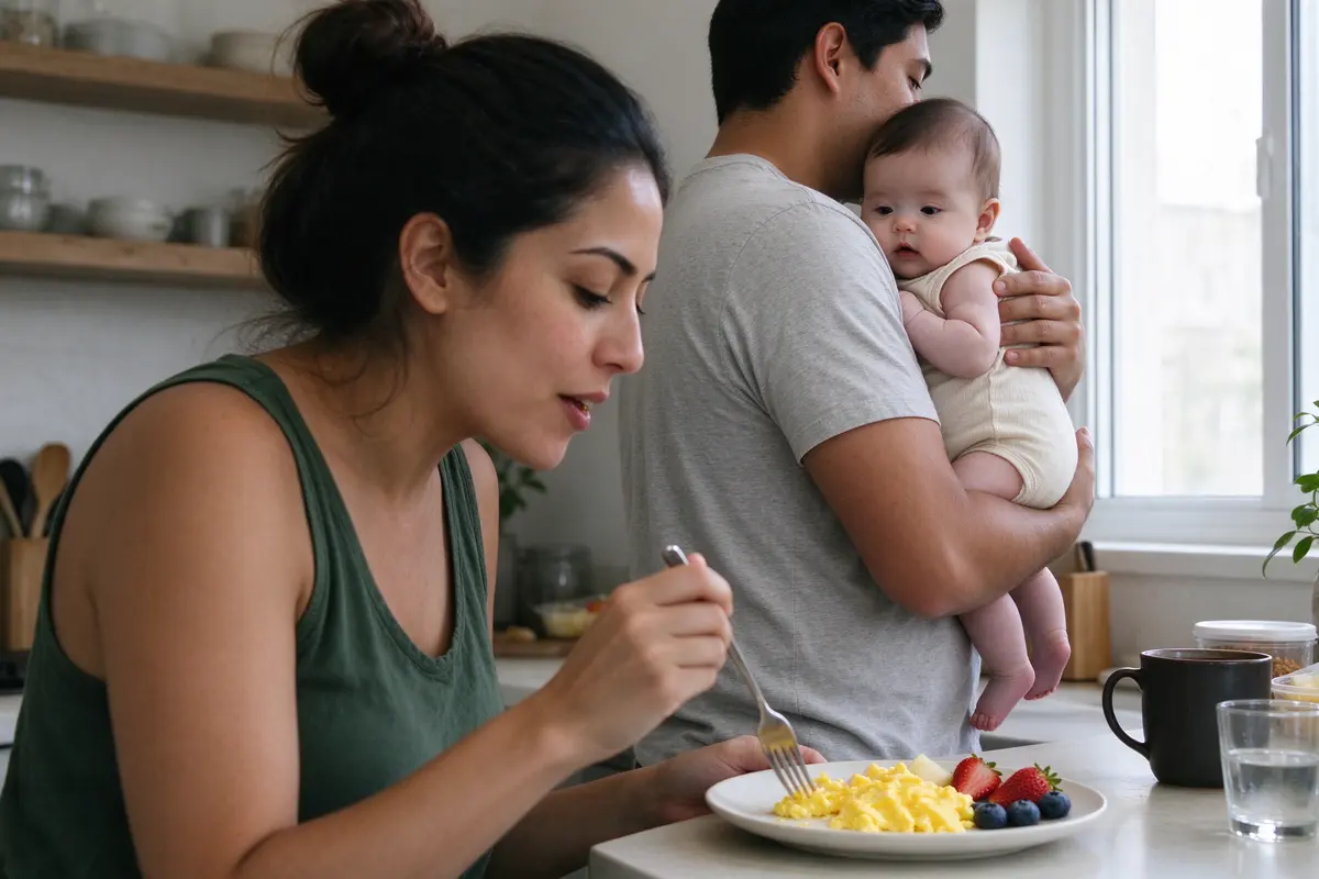 The mother eating a plate of eggs and fruit at the counter, standing, while her partner holds the baby upright on his shoulder by the window behind her.