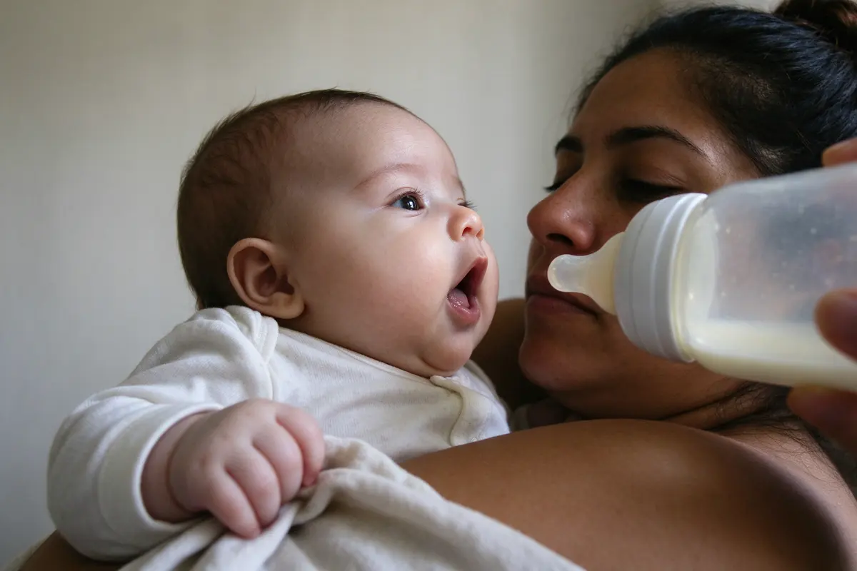 Close on the baby in the mother's arms, facing a plain pale wall, one hand gripping a soft cloth, mouth opening as the bottle comes into view at the edge of the frame.