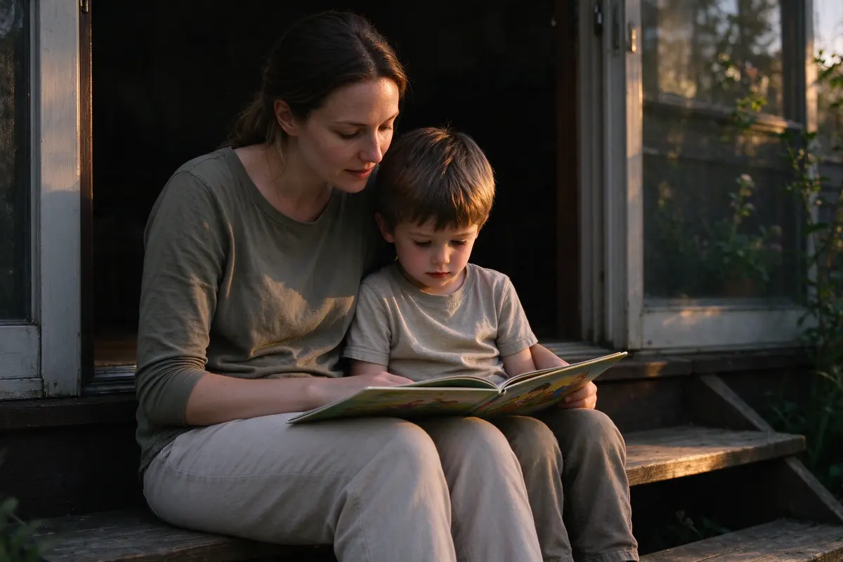 The mother and the four-year-old alone on the back steps in late light, his head against her arm, a picture book open across both laps, no baby in the frame.