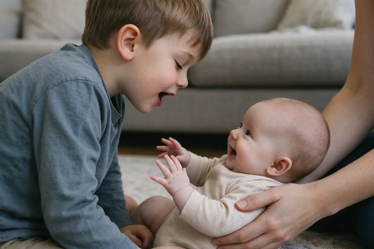 The brother an arm's length from the baby, singing with his eyes shut, the baby's mouth open in a grin and both hands reaching toward him, the mother's hands around the baby's chest.