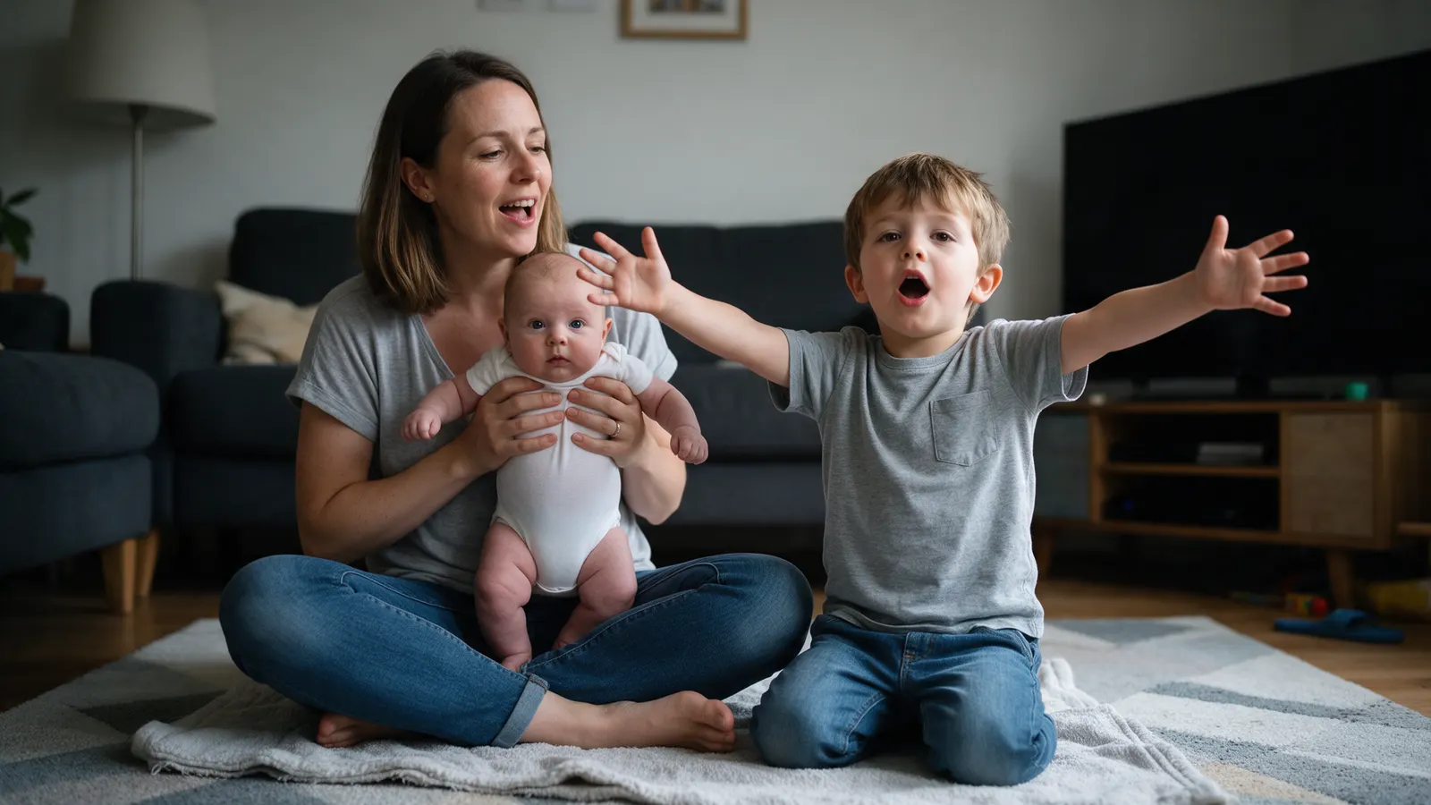 A white mother sits cross-legged on a living-room rug holding her sixteen-week-old upright on her lap while a four-year-old brother kneels in front, mid-song, arms wide.