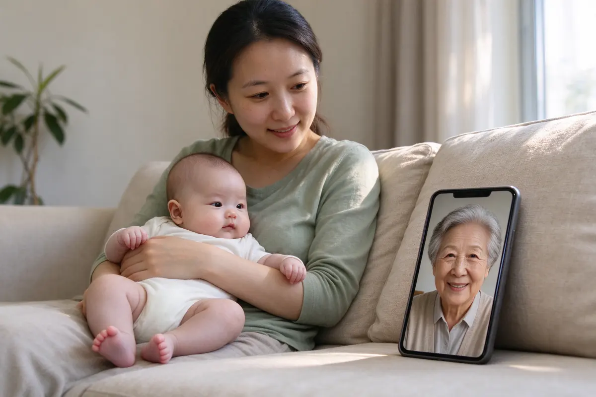 The mother on the sofa with the phone propped on a cushion, a grandparent's face on the screen, the baby on her lap looking at it, late-afternoon light.