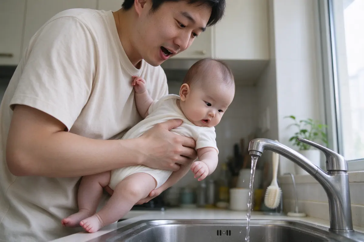The father at the sink holding the baby away from the faucet, lips rounded mid-word, the baby staring at the running water with one hand on his collar.
