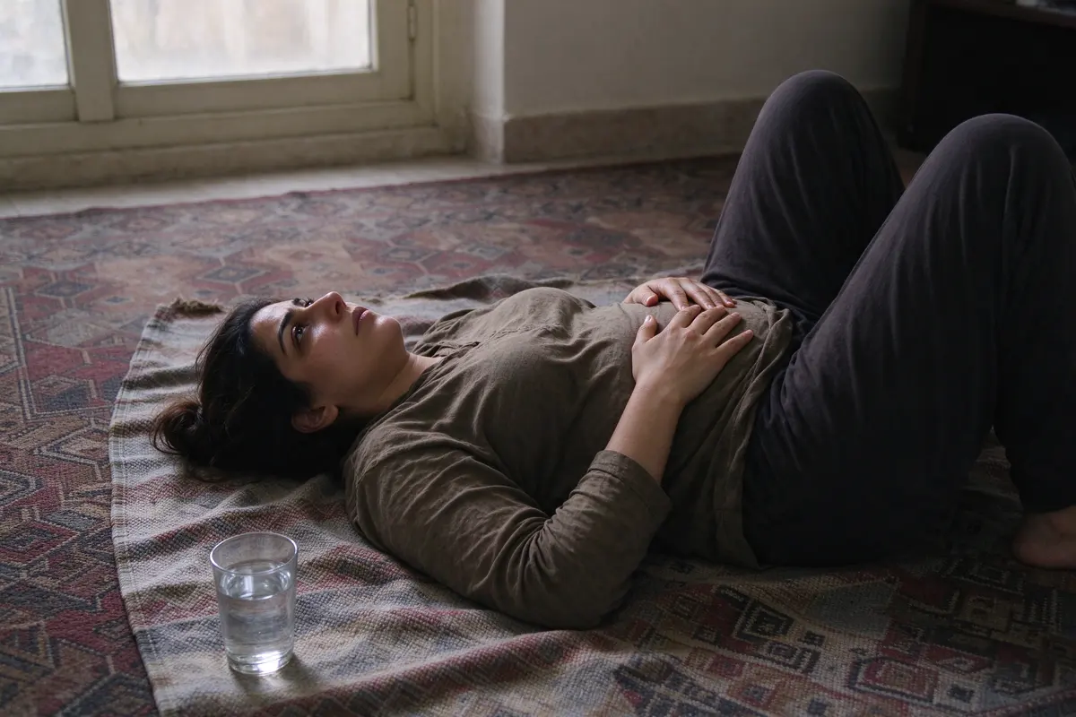 The mother lying on her back on the same blanket after the baby's nap, knees bent, one hand flat on her lower belly, looking at the ceiling, a water glass beside her.