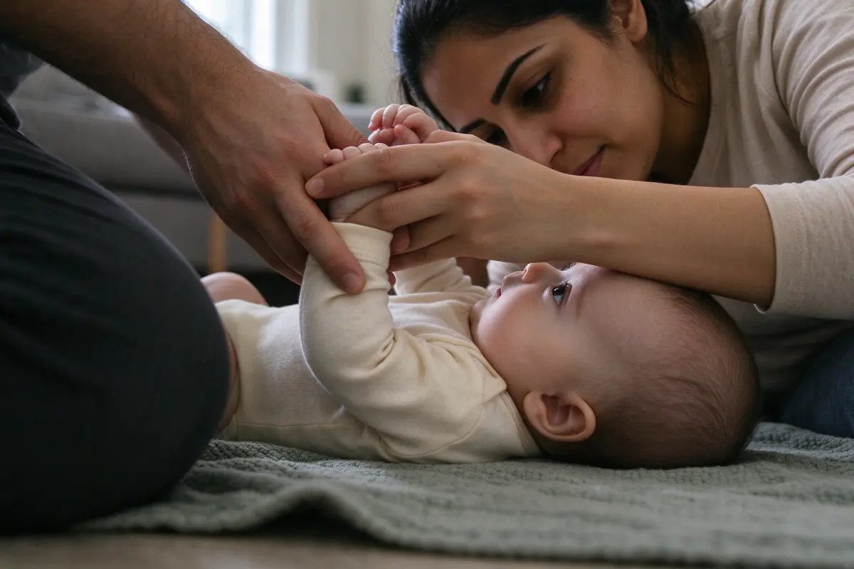 Close on the baby halfway up from the blanket, chin tucked, eyes on the mother's face, her fingers wrapped around both small forearms, the father's knee at the edge of the frame.