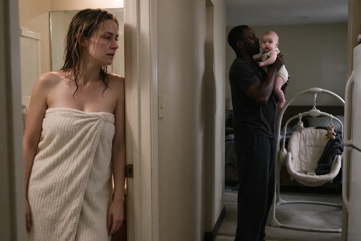 The mother wrapped in a towel, hair wet, leaning in the bathroom doorway, while down the hall the father bounces the wide-awake baby on his shoulder beside an empty swing.
