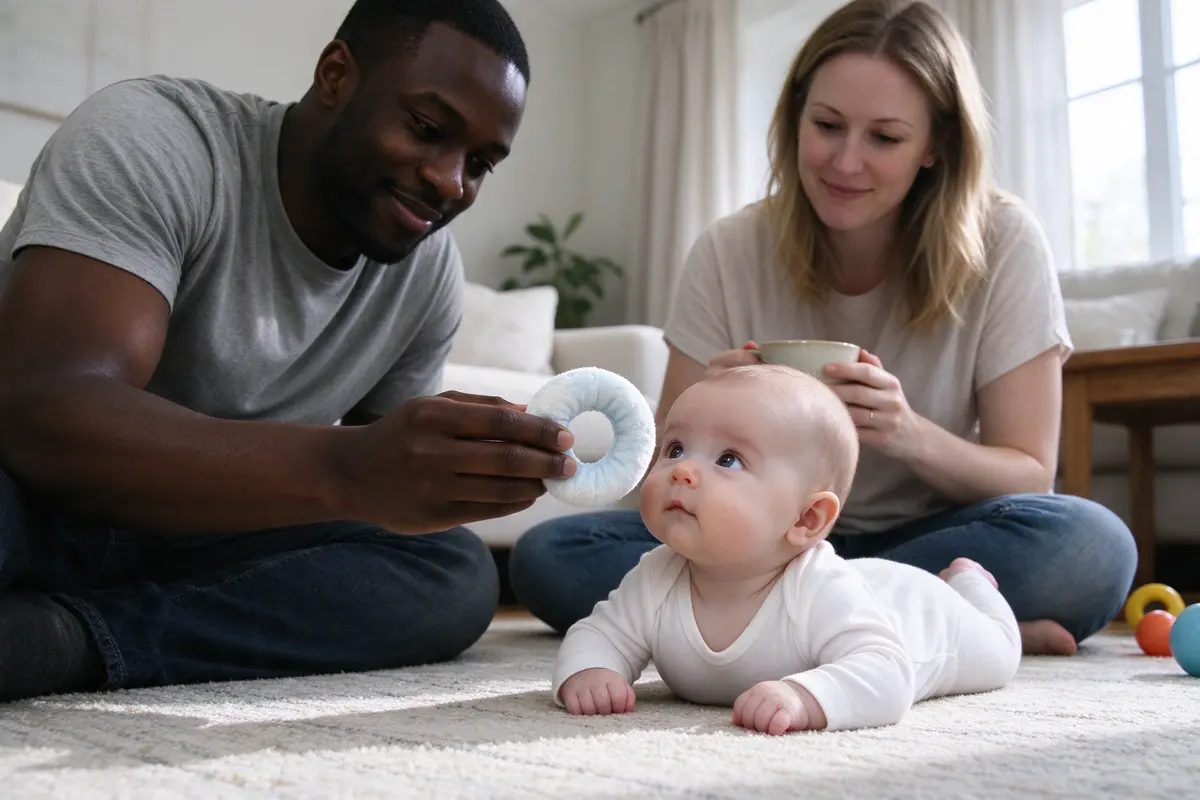 The baby now on their tummy on the rug, chest lifted on forearms, eyes on the ring the father holds just above eye level, the white mother cross-legged behind with a cup of tea.