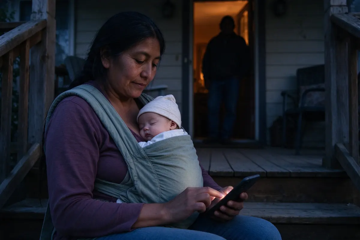 The mother on the same step at dusk, baby asleep in a carrier on her chest, texting with one thumb, the father's silhouette in the lit doorway behind her.