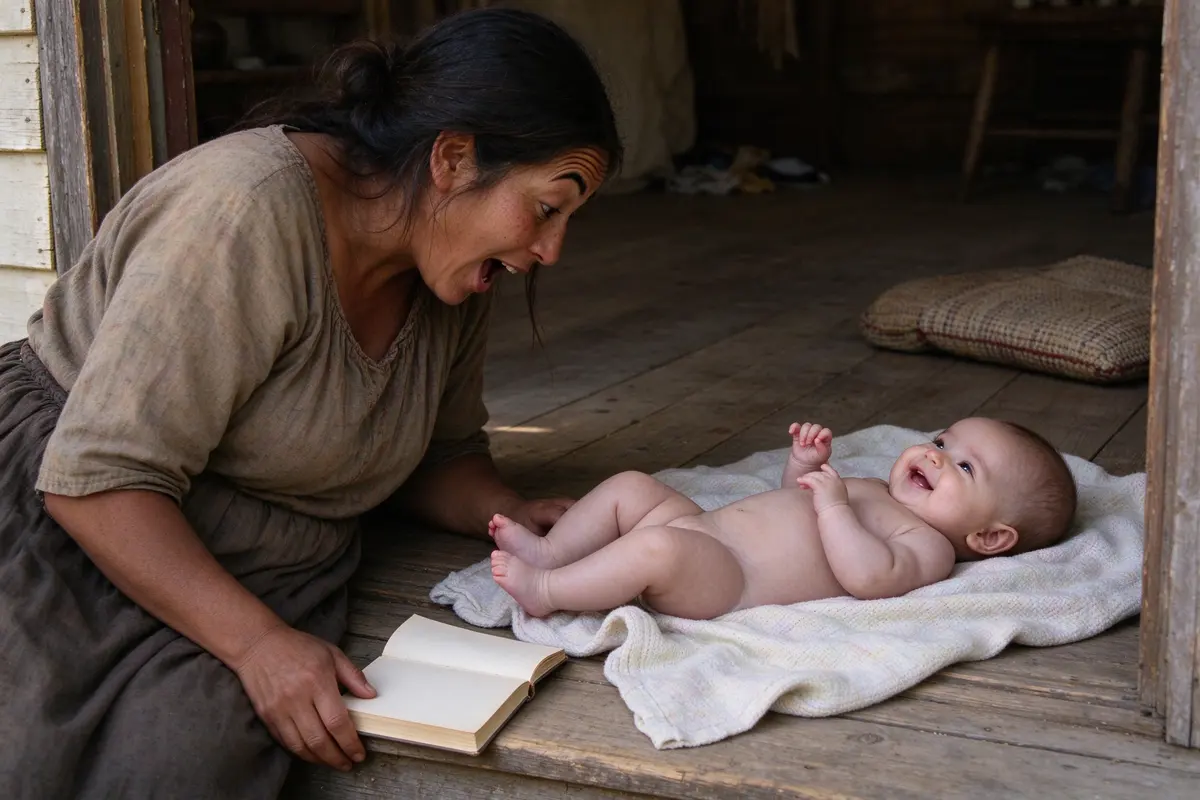 The mother turned fully toward the baby now, book dropped, eyebrows high and mouth open in answer, the baby's whole body arched toward her with a wide gummy smile.