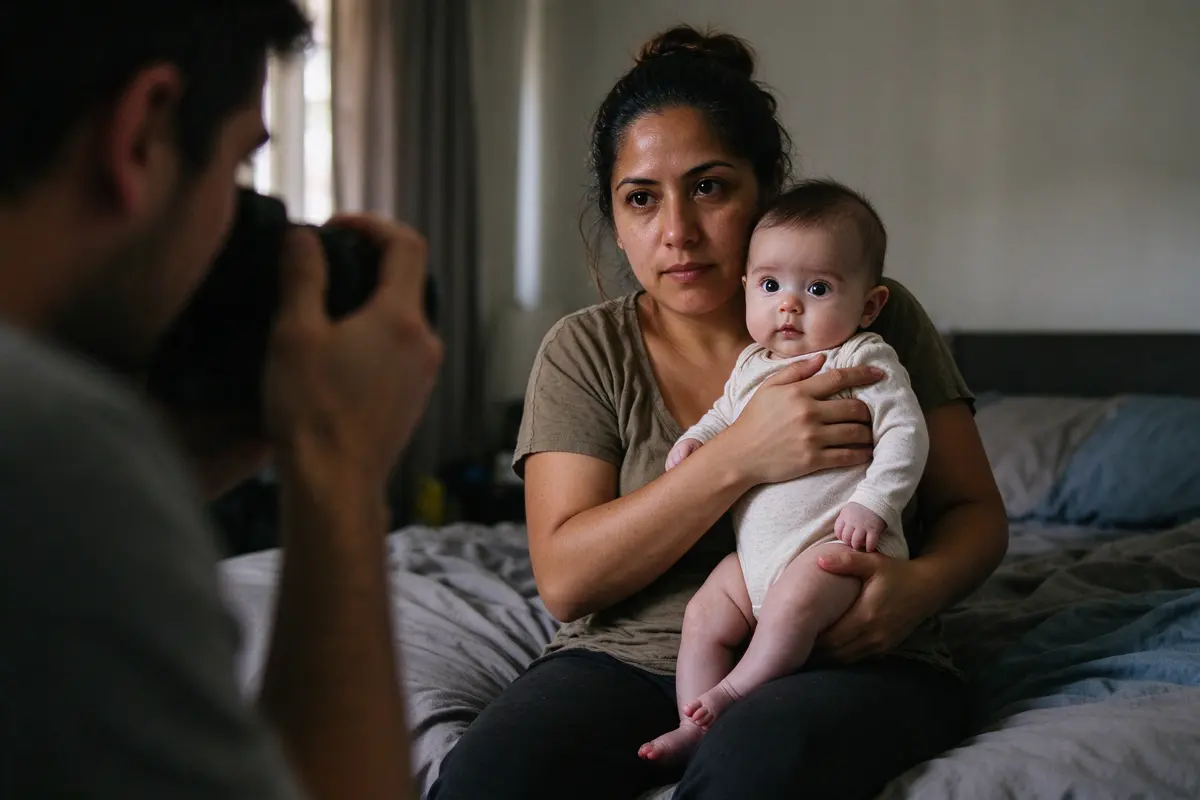 The mother on the edge of the bed in soft evening light holding the baby upright on her knee, looking straight at the camera the father holds, not smiling, not tired, just there.