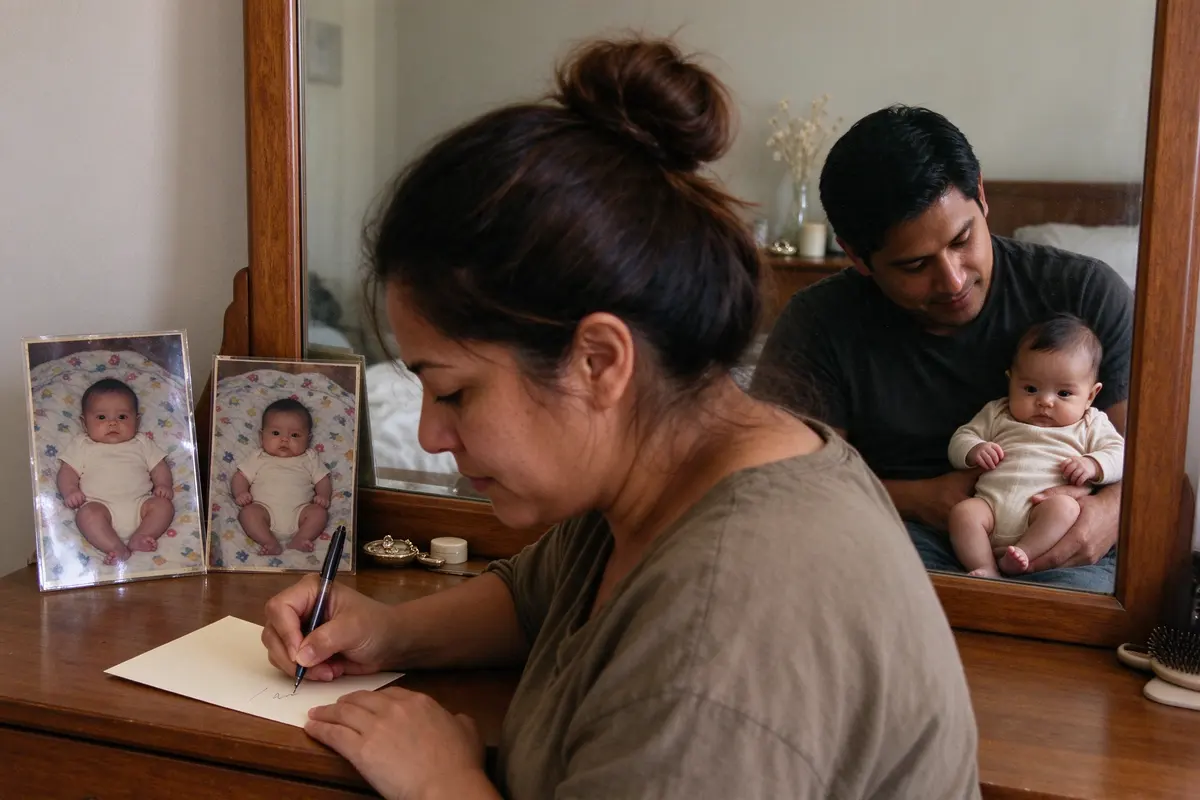 The mother at the bedroom dresser writing on a card beside two older photos of the same baby on the same blanket, the father and baby reflected in the mirror behind her.