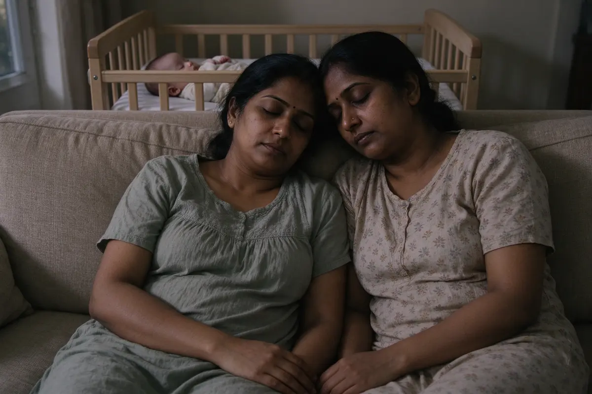 The two mothers side by side on the sofa in evening light, the baby asleep on their back in the bare crib behind them, one resting her head on the other's shoulder, both eyes closed.