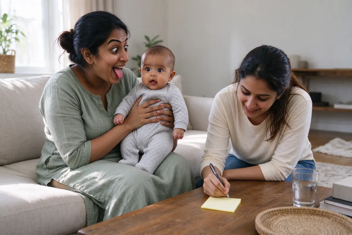One mother holding the baby upright on her lap making a loud silly face while the other kneels beside them writing on a sticky note stuck to the coffee table.