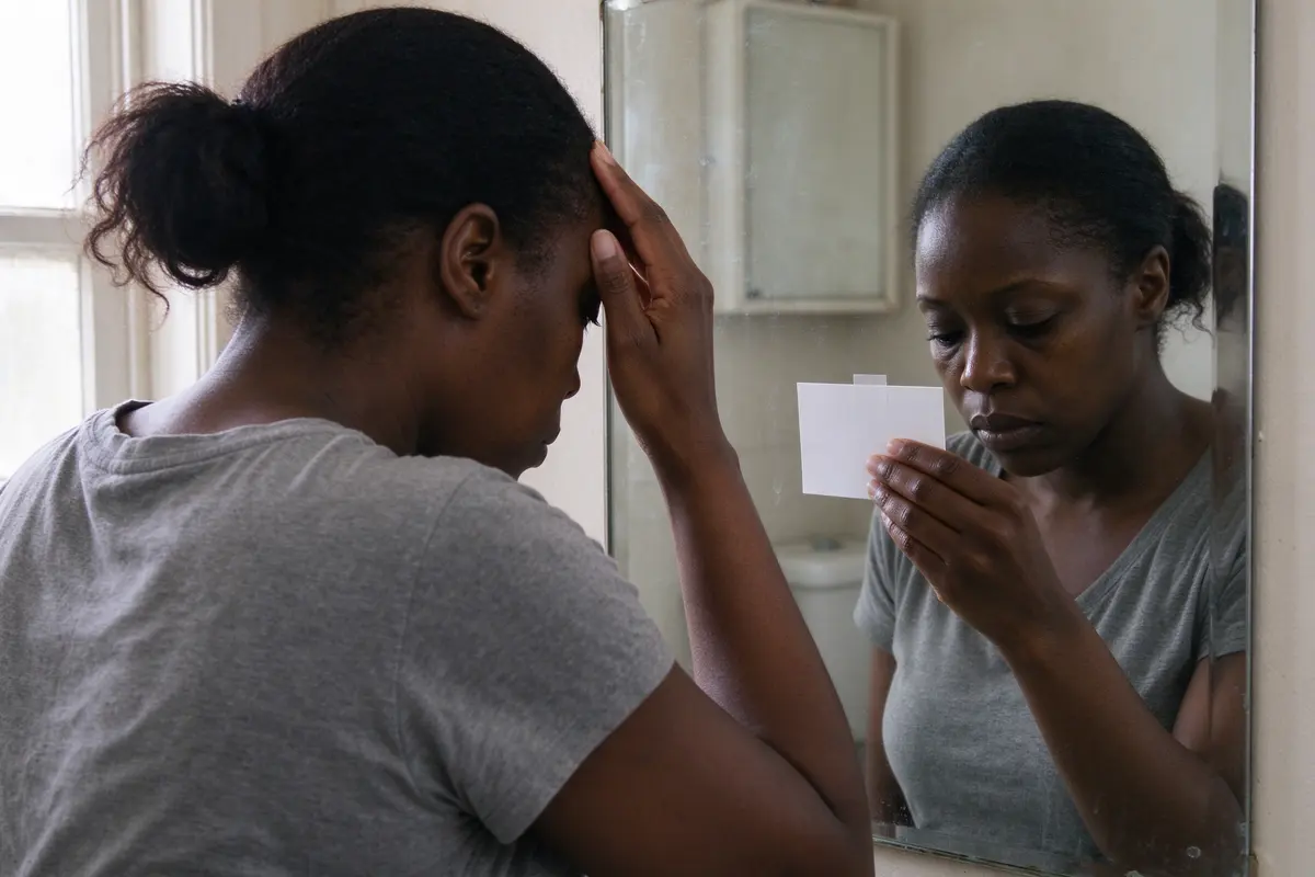 The mother alone at the bathroom mirror in daylight, hair tied up, one hand pressed to her forehead as she reads a small card taped to the glass.