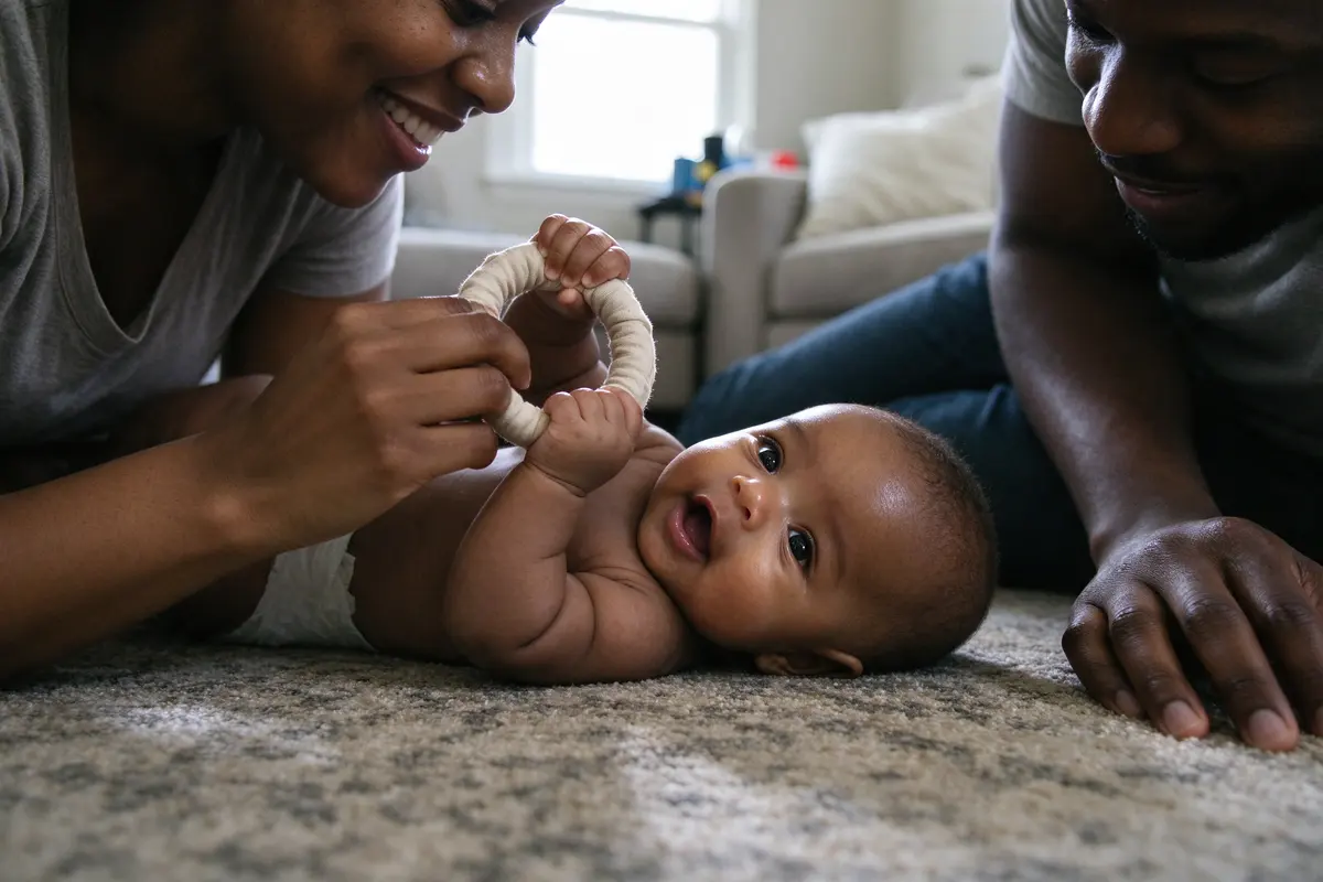 The baby on the rug with both fists closed around a soft fabric ring the mother has just let go of, mouth open, the father's hand resting nearby on the blanket.