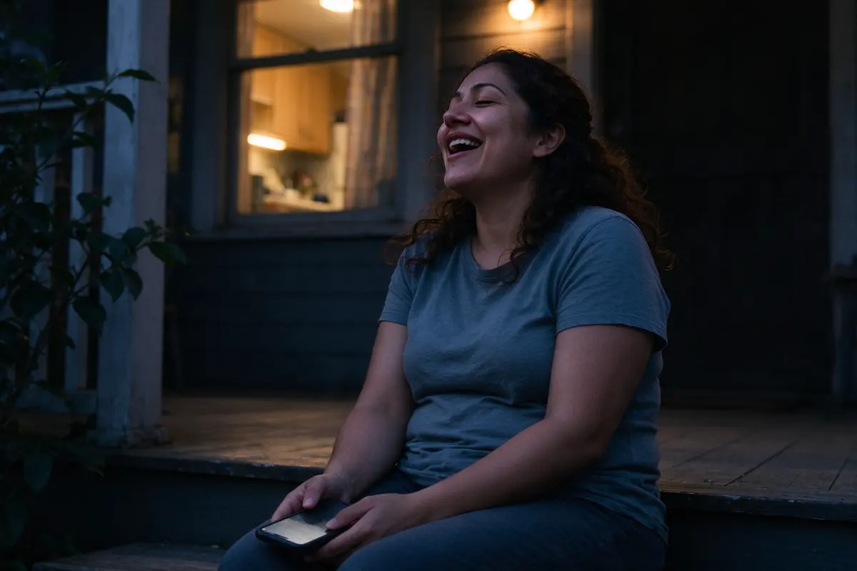 The mother on the back porch step at dusk, phone in her lap, laughing at something off camera with her head tipped back, the kitchen window lit behind her.