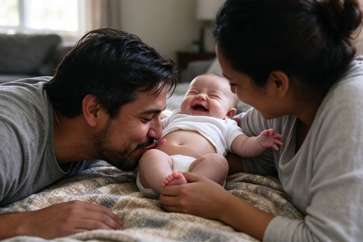 The father bending to blow a raspberry on the baby's bare tummy on a floor blanket, the baby's arms flung wide and eyes squeezed shut, the mother's hand on the baby's foot.