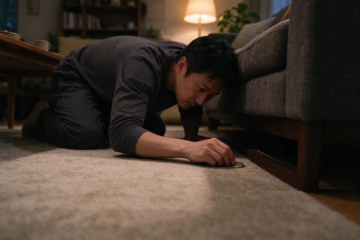The father on hands and knees on the living-room rug at evening, cheek near the floor, peering under the couch with one hand reaching for a coin.