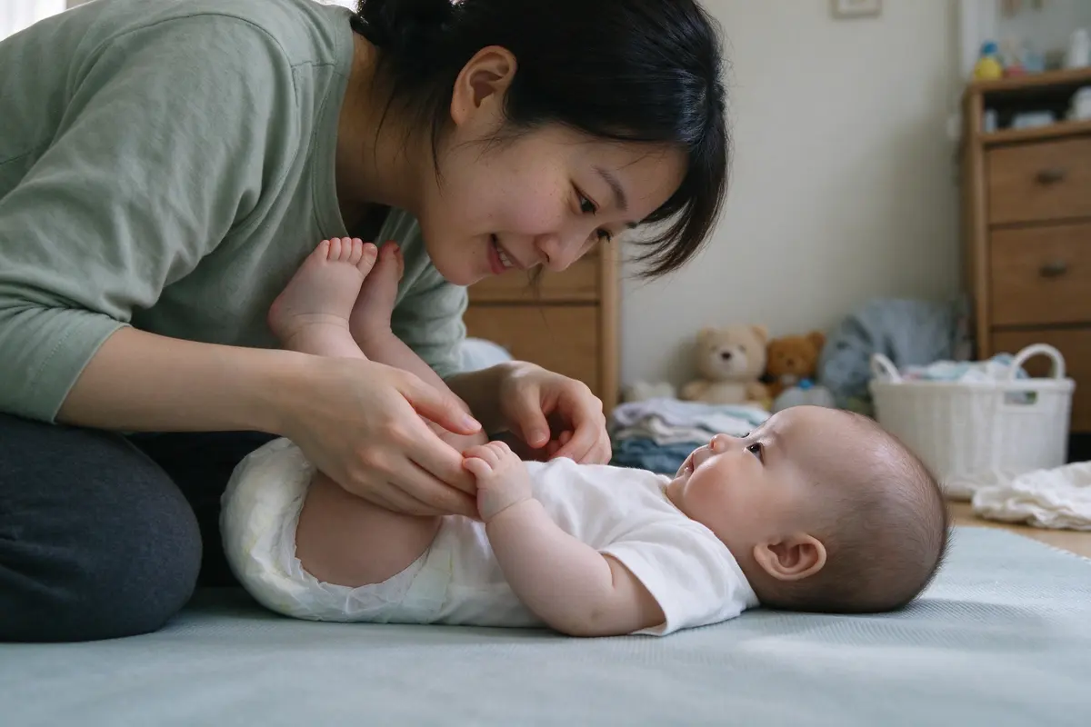 The mother gently lifting the baby's bare feet toward their hands during a diaper change on the floor mat, the baby's fingers closing around one foot, both looking at each other.
