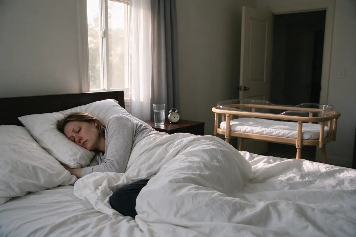 The mother asleep on her side in her own bed in afternoon light, fully dressed, a glass of water on the nightstand, the bare bassinet beside the bed empty and the door ajar.
