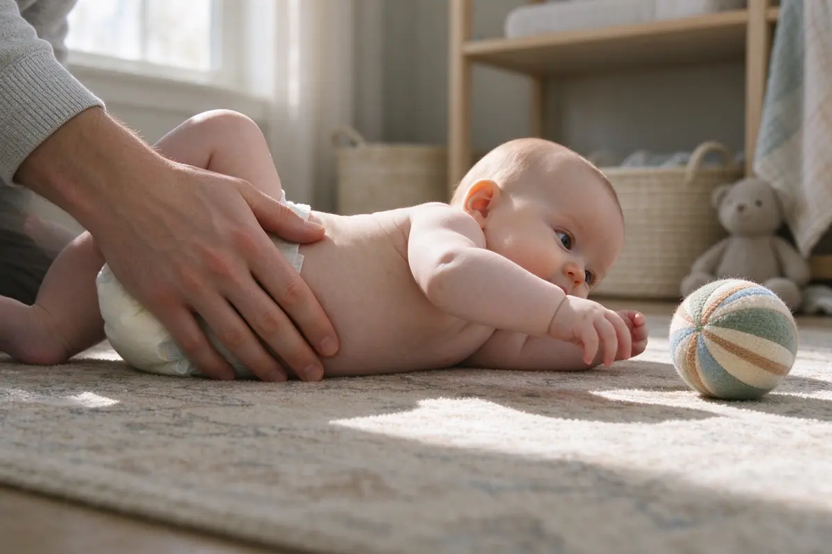 The father's hand resting on the baby's hip as the baby, on their back on the rug, twists toward a soft striped ball he has set down just out of reach to one side.