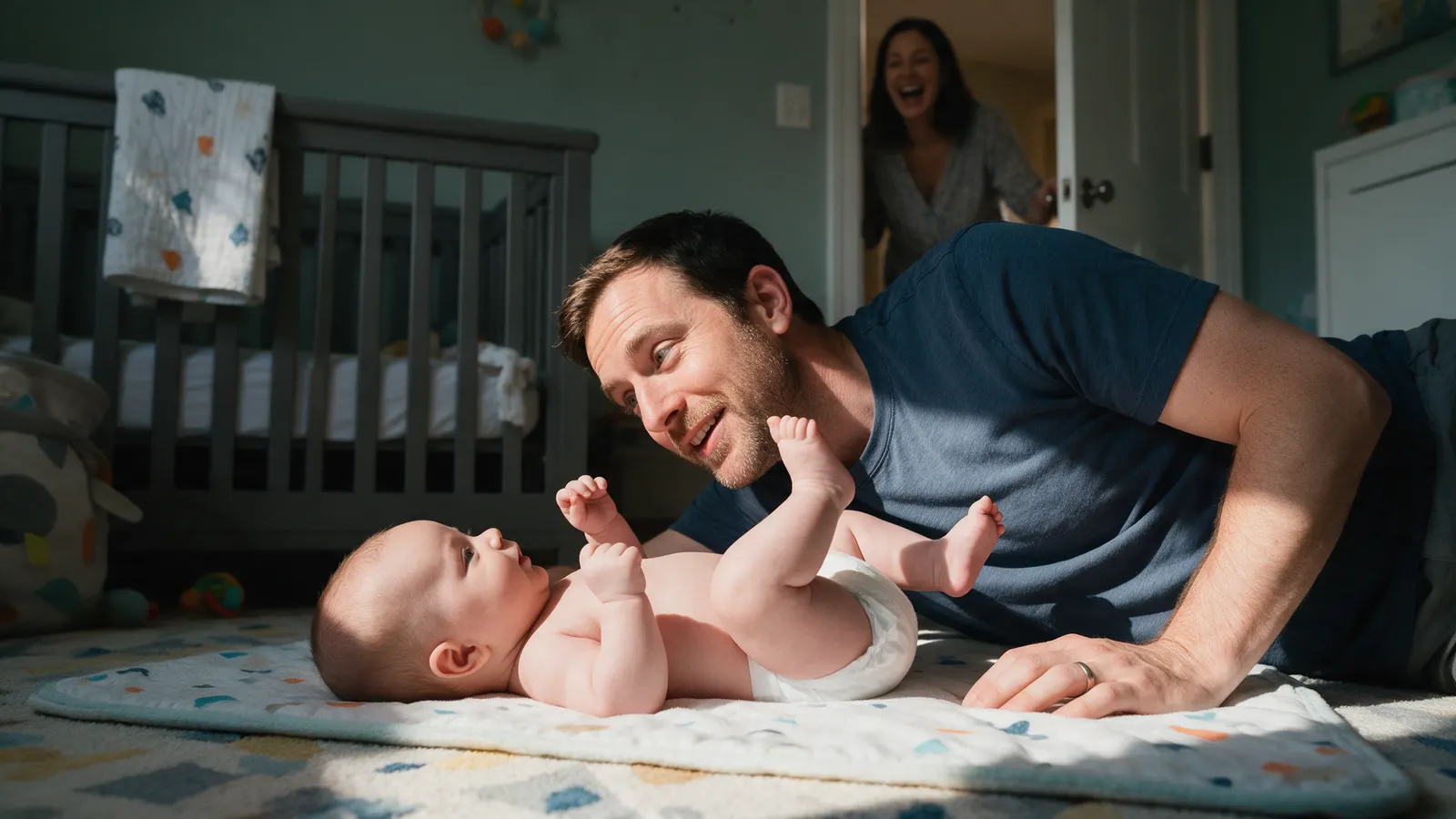 A white father lies on his side on a nursery rug in late-morning light, eye to eye with his thirteen-week-old who has just tipped from tummy onto their back, the mother laughing from the doorway.