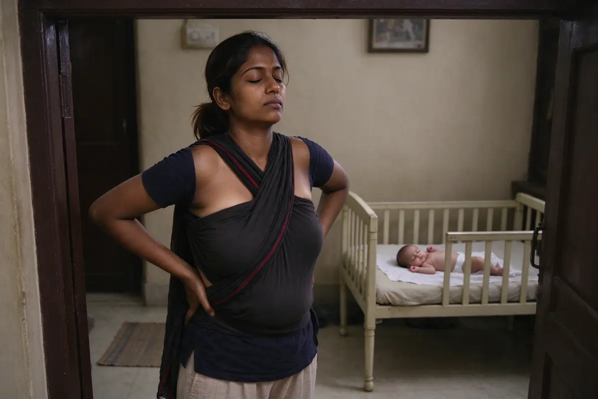 The mother standing in a doorway at evening, rolling her shoulders back with her eyes closed, the baby asleep on their back in a bare crib visible in the room behind her.