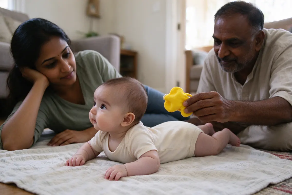 The baby on a floor blanket pushed up on both forearms, head lifted and turned to the left toward a bright yellow toy the grandfather holds at floor level, the mother lying beside them.