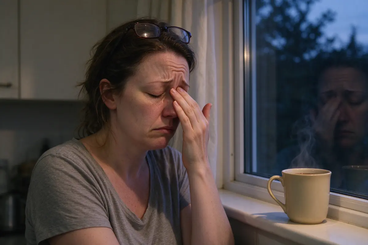 The mother at the kitchen window at dusk, glasses pushed up on her head, rubbing her eyes with one hand, a mug of tea cooling on the sill beside her.