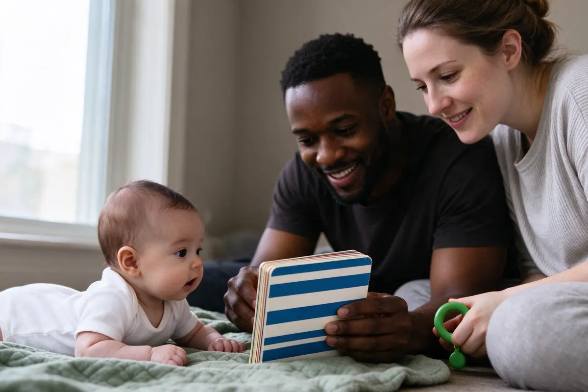 The baby on the blanket turning their head to follow a bold blue-and-white striped board book page the father moves slowly to the side, the mother holding a green toy ready.