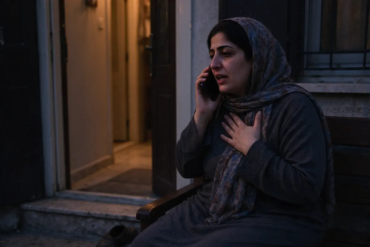 The mother on a bench outside the front door at dusk, phone to her ear, talking with her free hand pressed flat against her chest, the lit hallway behind her.