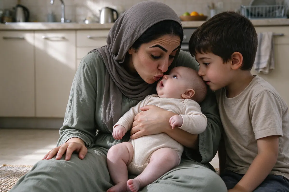 The mother nose to nose with the baby on her lap, eyebrows raised and lips rounded as she copies a sound, the brother leaning in with a hand on her knee and the baby mid-gurgle.