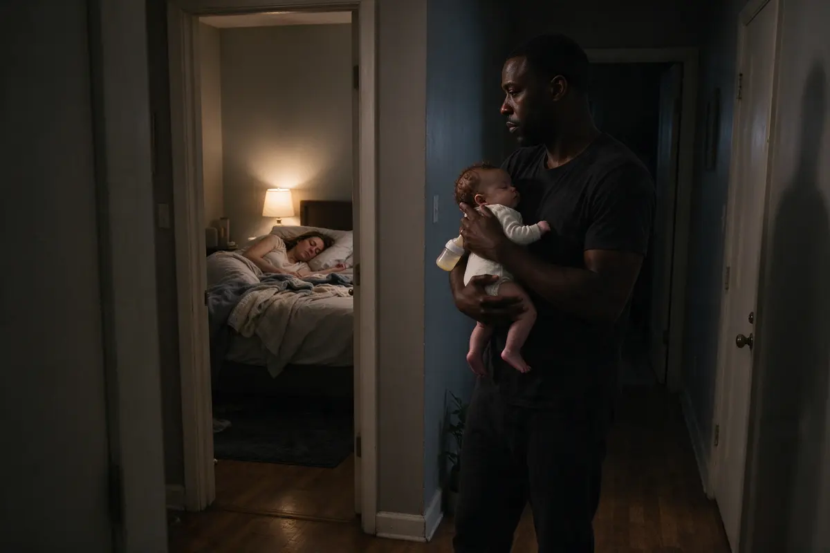 The mother asleep in her own bed at night with the lamp still on, the father in the hallway outside carrying the baby toward the nursery, a bottle in his other hand.