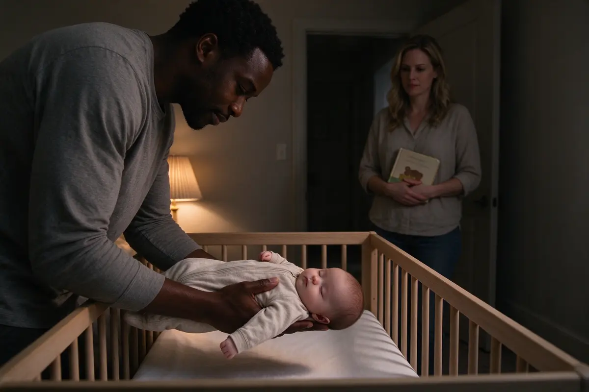 The father lowering the drowsy baby, zipped into a sleep sack, onto their back in the bare crib under a low lamp, the mother in the doorway with the closed board book.