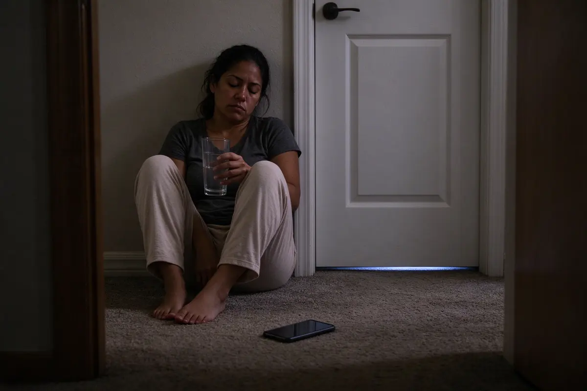 The mother sitting on the hallway floor outside the closed nursery door at night, knees up, eyes shut, a phone face-down beside her and a glass of water in her hand.