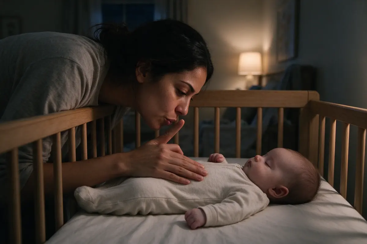 The mother leaning over the crib rail with her face close, lips pursed mid-shush, her hand still on the baby's belly, the baby's fists relaxing on the fitted sheet.