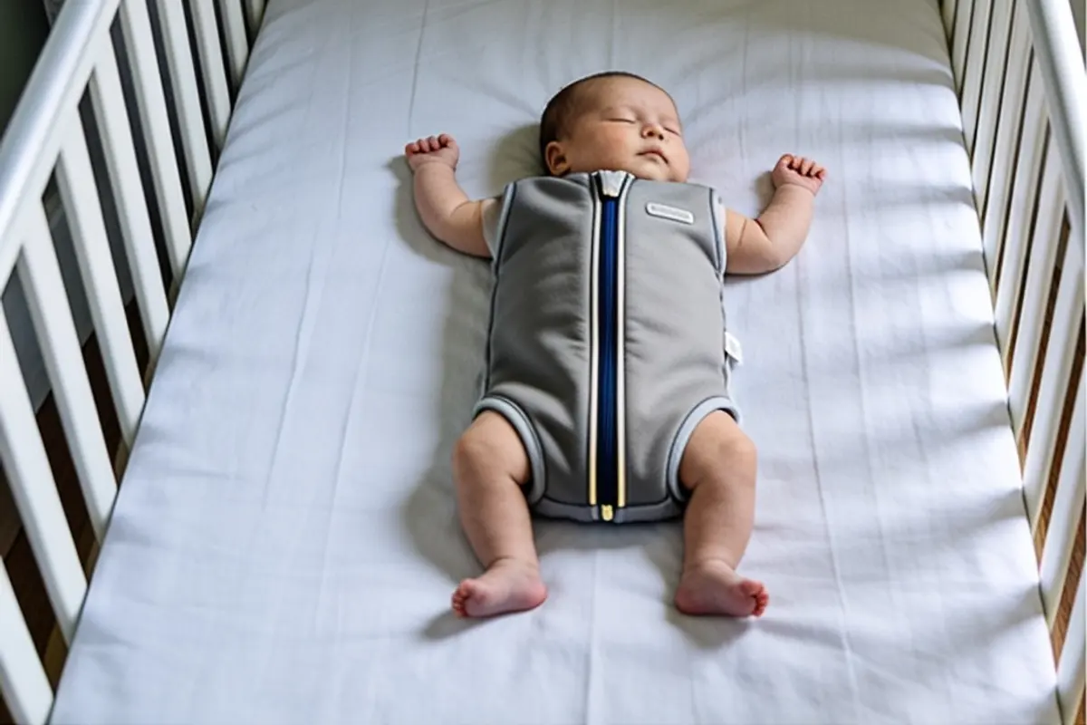 A newborn sleeps alone on their back in a bare crib, wearing a sleep sack, with only a fitted sheet.