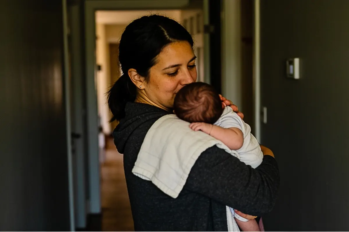 A parent gently holds a fussy newborn against their shoulder in a quiet hallway.