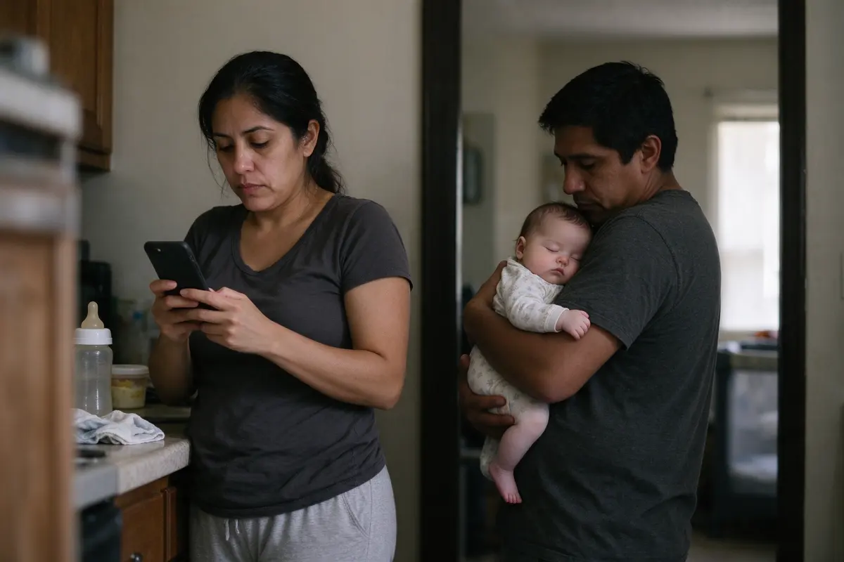 The mother alone at the kitchen counter afterward, typing a short list into her phone, the father visible through the doorway with the baby asleep on his shoulder.