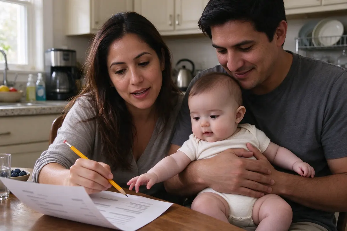 The mother at the kitchen table reading a printed list aloud with a pencil, the father beside her with the baby on his lap, the baby reaching for the pencil.