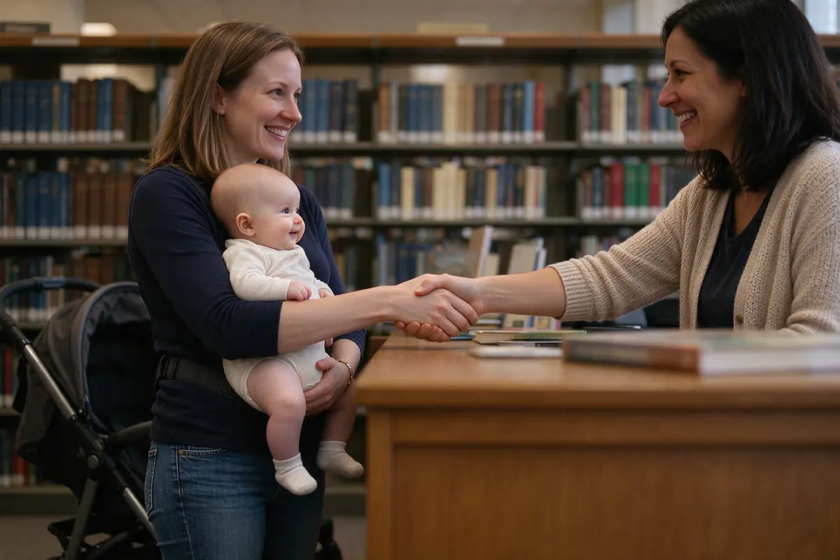 The mother at a library front desk with the baby on her hip, shaking hands with a woman in a cardigan, both of them smiling, a stroller parked beside.