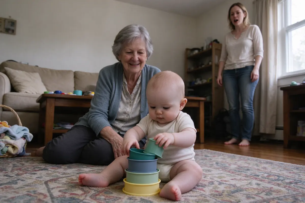 The grandmother on the rug behind the baby, who is busy with a stacking cup, while the mother stands across the room by the window with her mouth just open on the name.