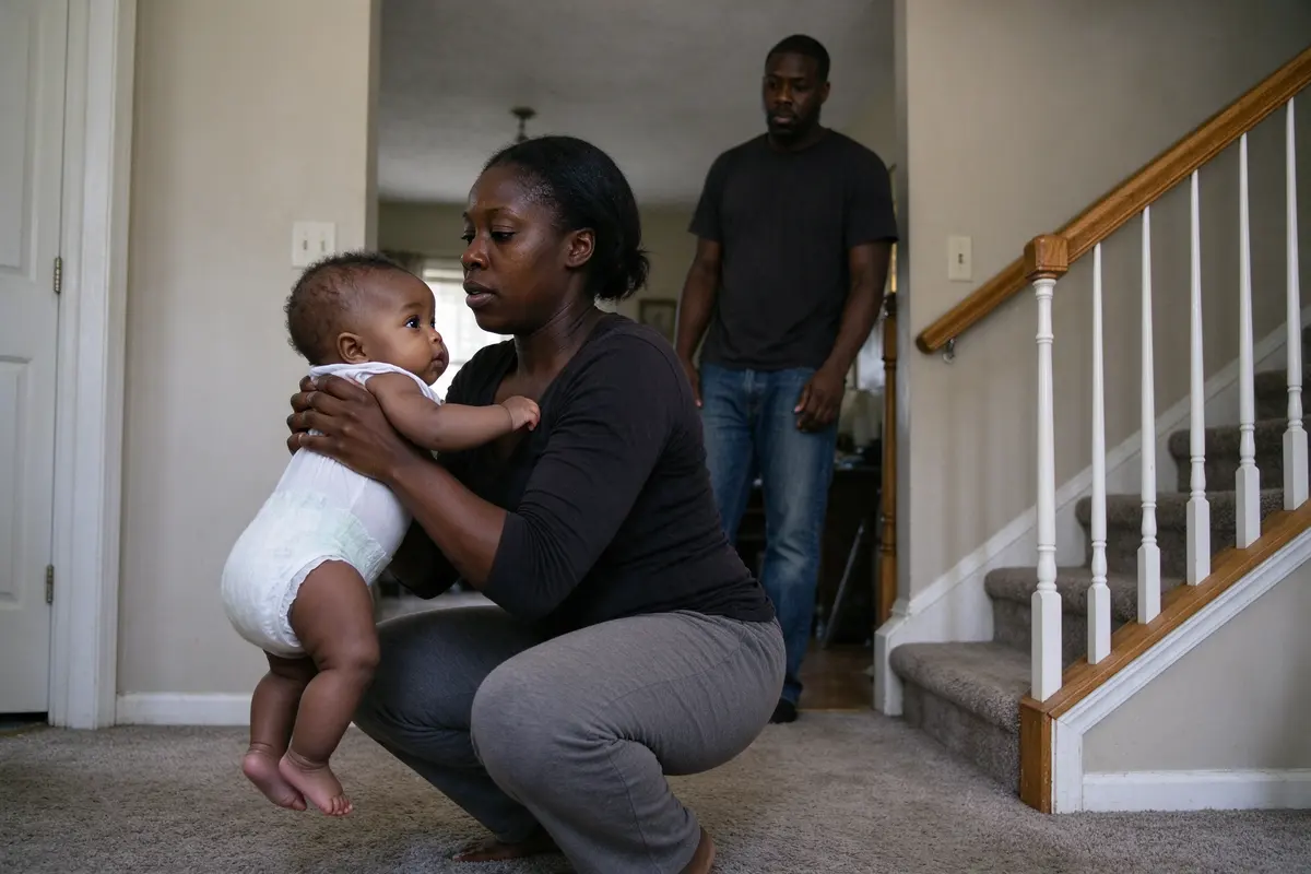 The mother at the foot of the stairs lifting the baby from the floor, baby pulled in against her chest, knees deeply bent and back straight, the father watching from the landing.