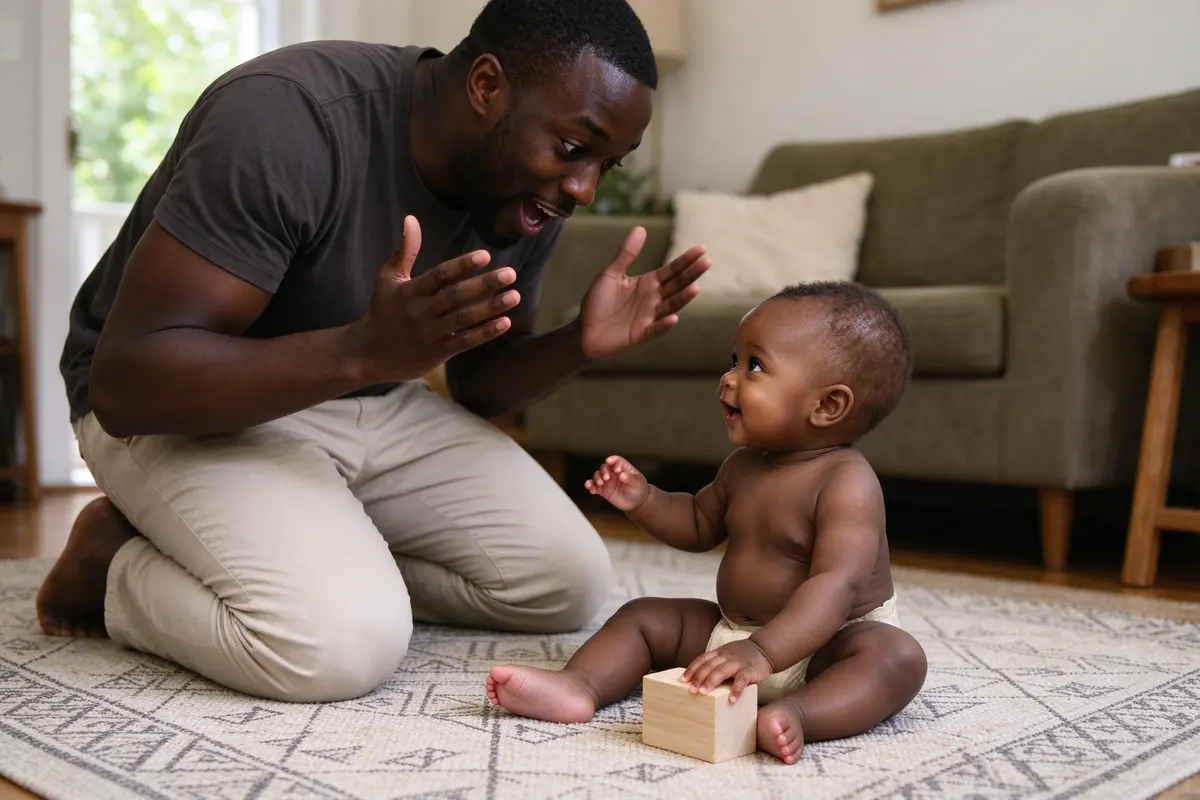The father kneeling on the living-room rug with his own arms raised and mouth open on the word, the baby on the floor in front of him with one arm up and the other still on a block.