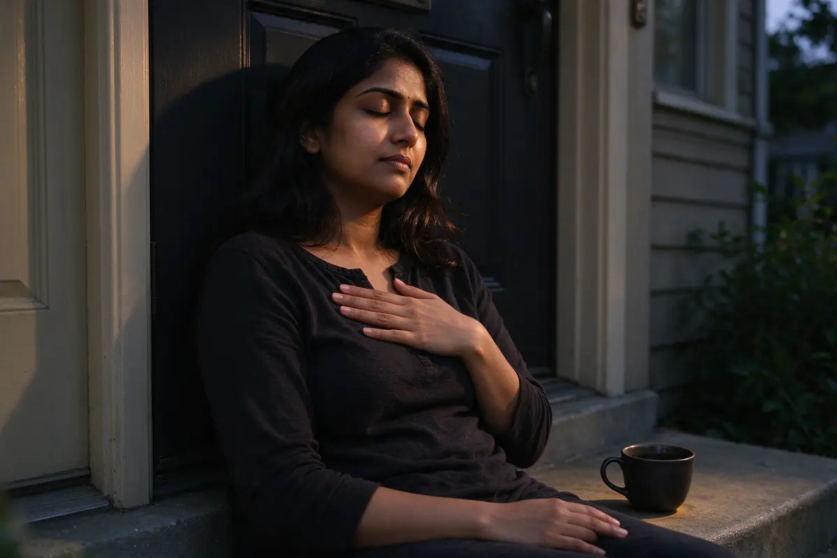 The mother sitting on the front step outside with the door closed behind her, eyes shut, one hand flat on her chest, a coffee cup untouched beside her in evening light.
