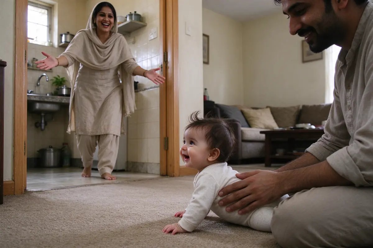 The mother coming back through the kitchen doorway with her arms wide and a big smile, the baby on the living-room floor mid-turn toward her, the father's hand on the baby's back.