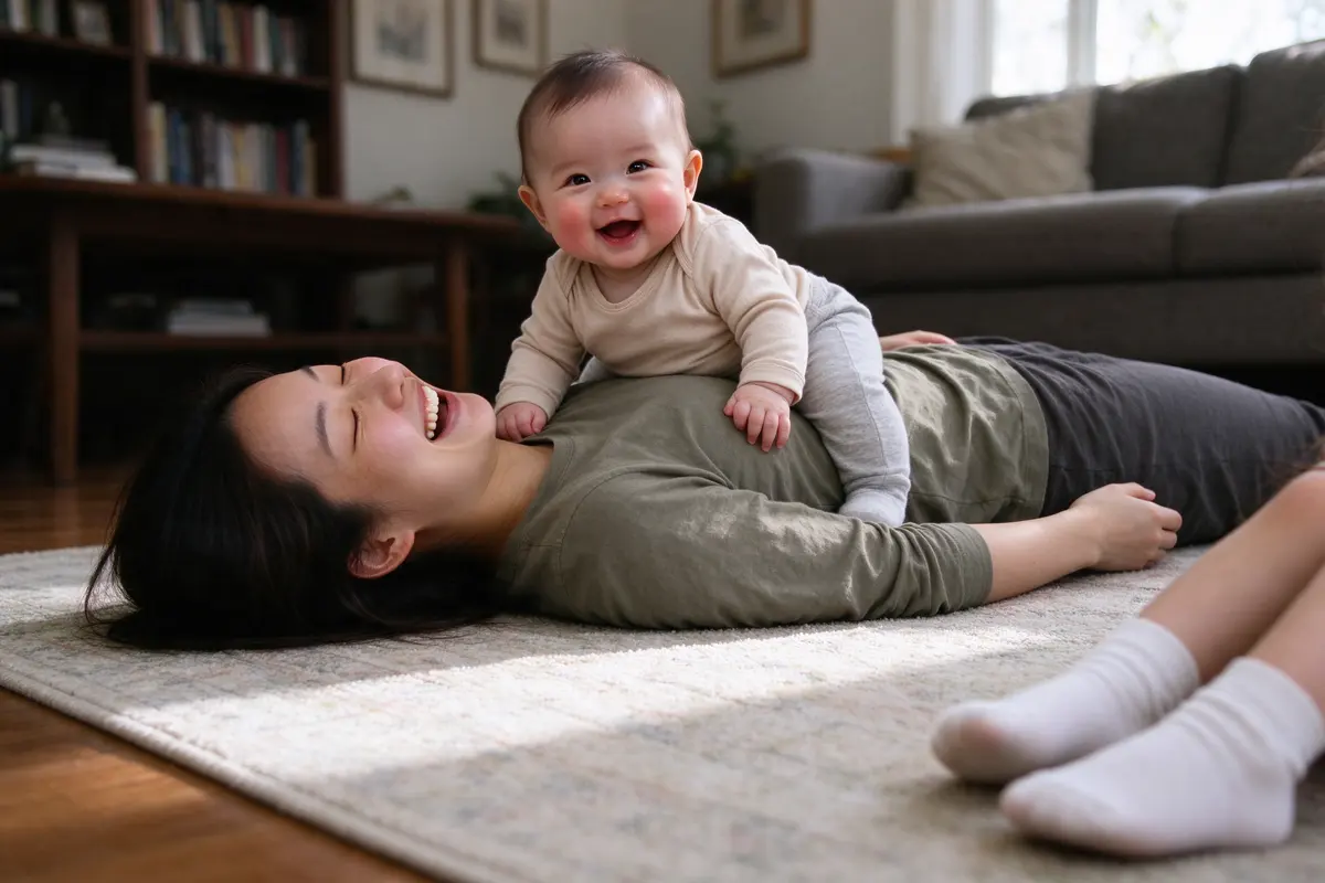 The mother flat on her back on the living-room rug laughing with her eyes closed, the baby sitting on her stomach, the sister's feet in the corner of the frame.